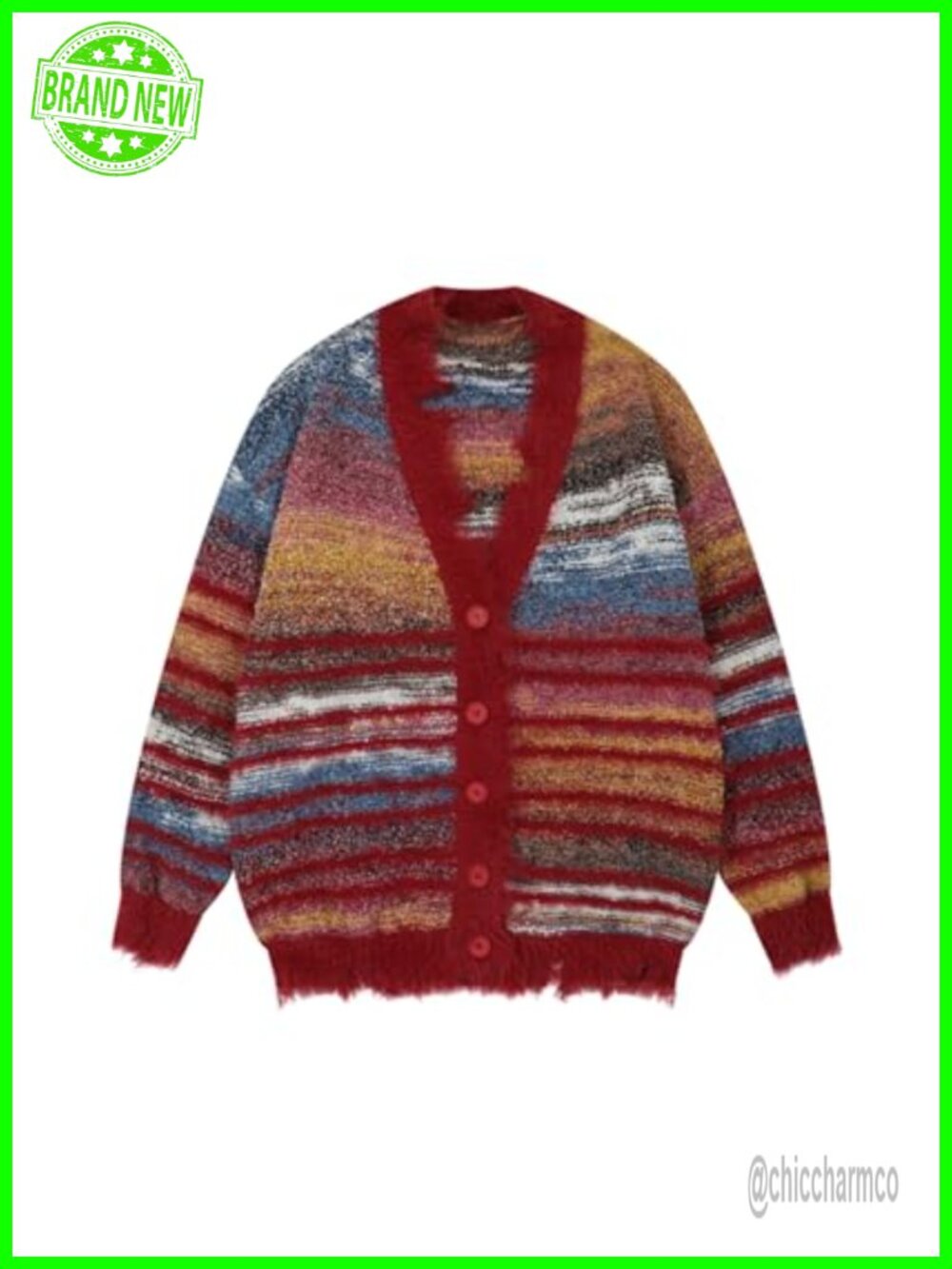 Y2K Oversized Open Front Knit Cardigan V-Neck Long Sleeve with Fringe